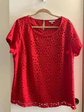 Roz & Ali Red Eyelet Short-Sleeve Top 2X plus size